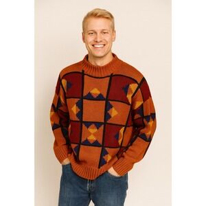 Henry Grethel Men's Geometric Pattern Knit Sweater Orange‎ Blue Yellow Size L
